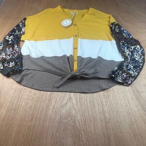 Umgee+ Waffle Knit Colorblock Top 1XL Floral Balloon Sleeve NWT